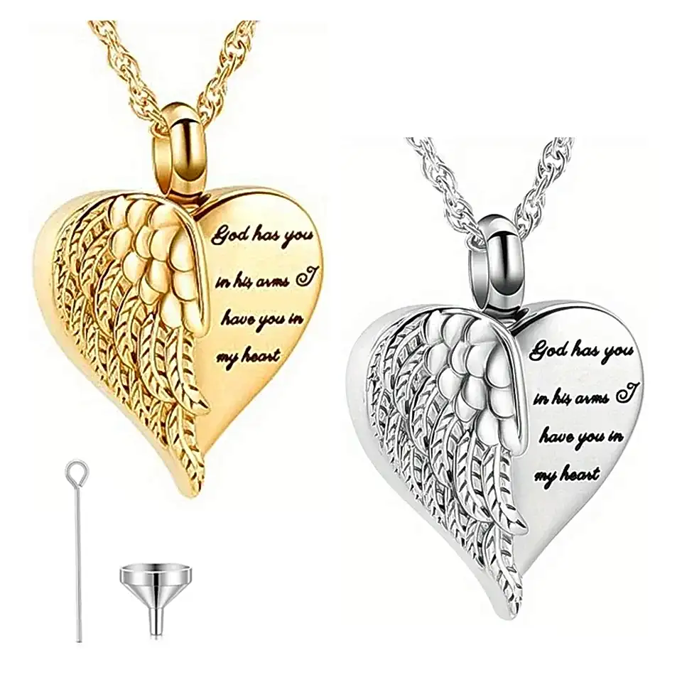 Любовь Сердце Урн Ожерелье пепевное место на память Мемориальное кремация ювелирные украшения из нержавеющей стали Ангел Крыло Сердце Урн Локет Локк Урн Урн